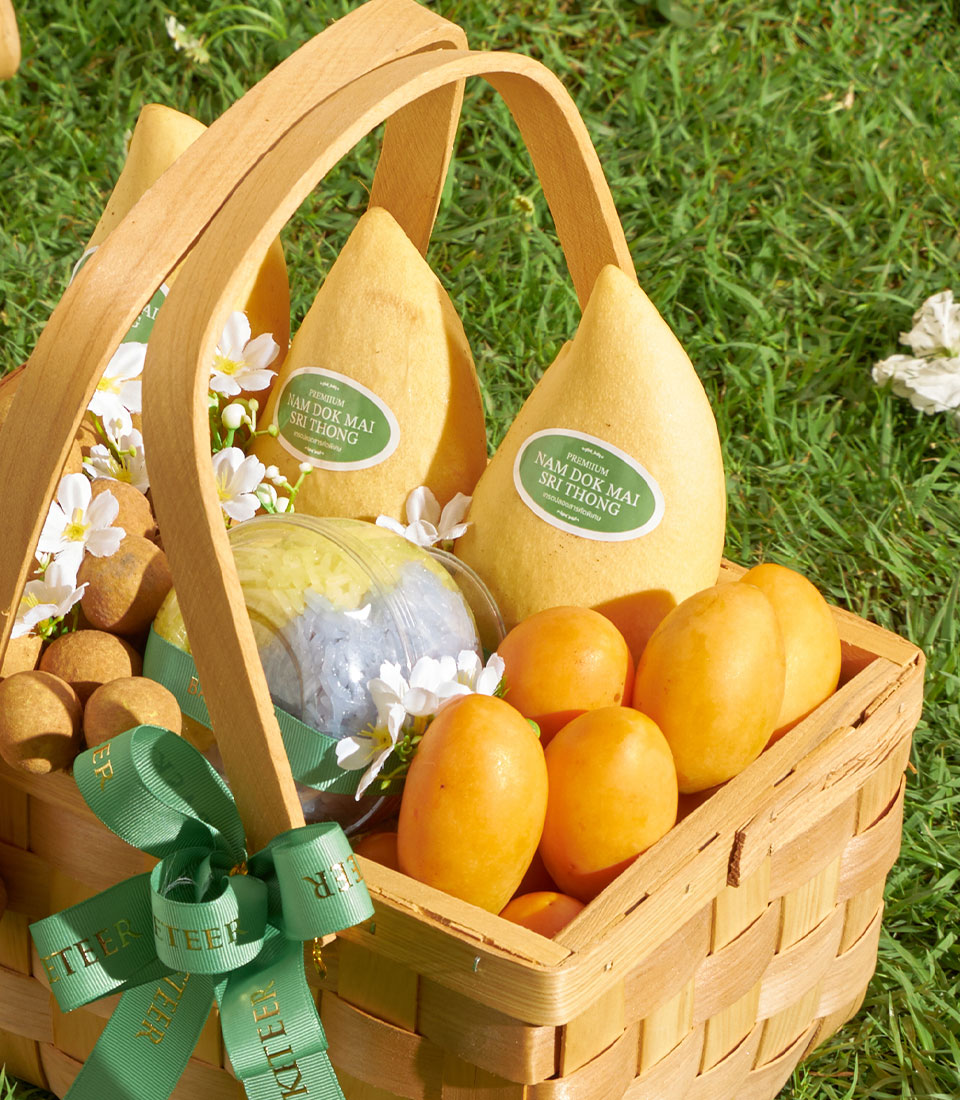 Premium longan and mango gift basket with layered sticky rice dessert and fresh tropical fruits