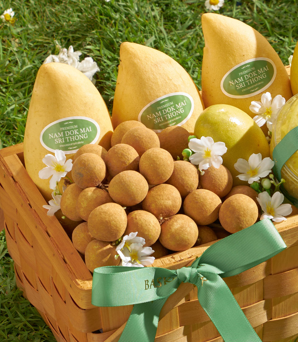 Premium mango and longan gift basket with silk ribbon bow