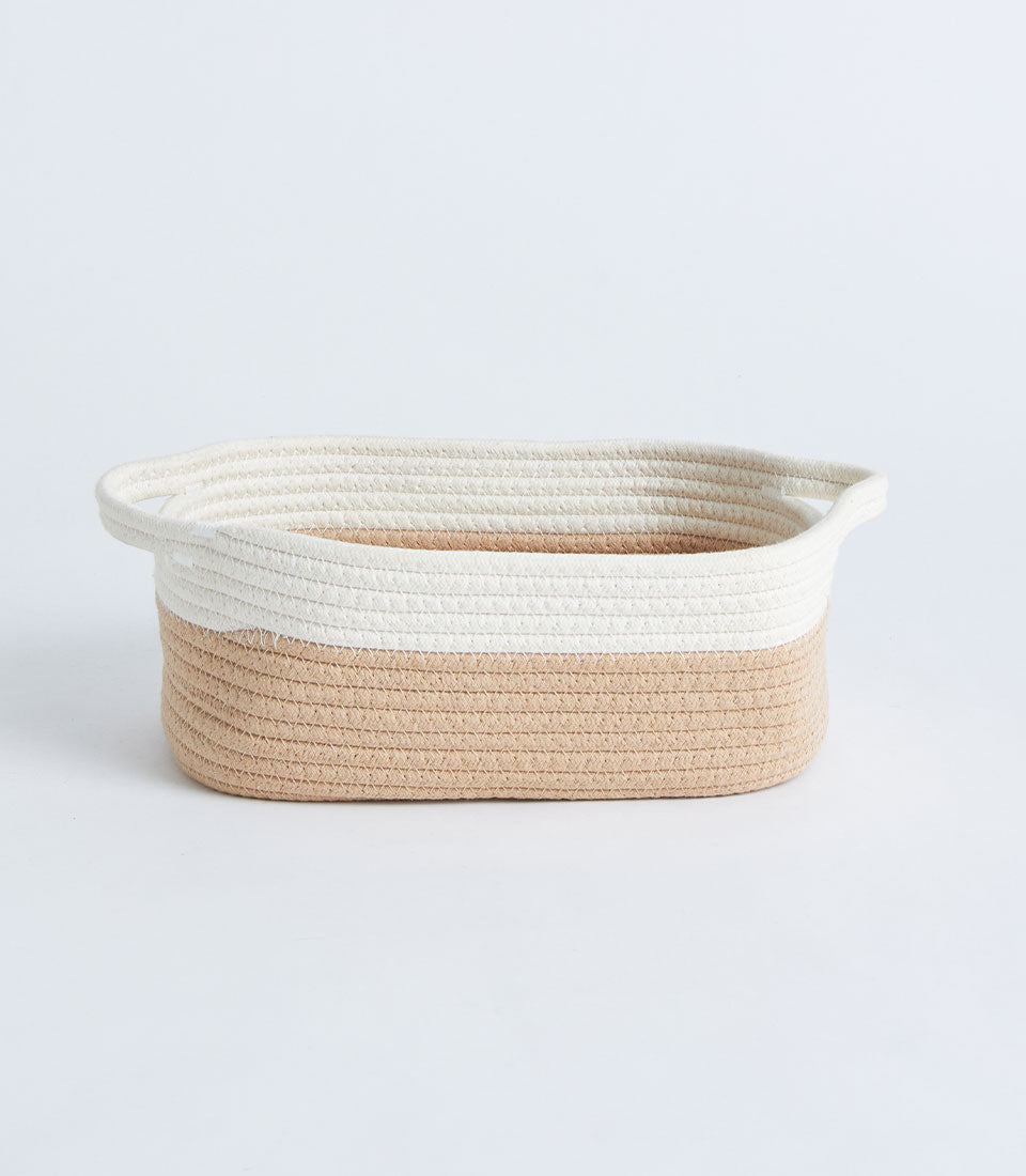 Beige and cream coiled rope storage basket with handles and matching lid