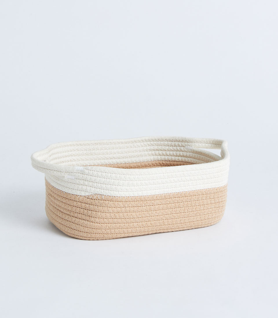 Beige and cream cotton rope storage basket with handles and matching lid