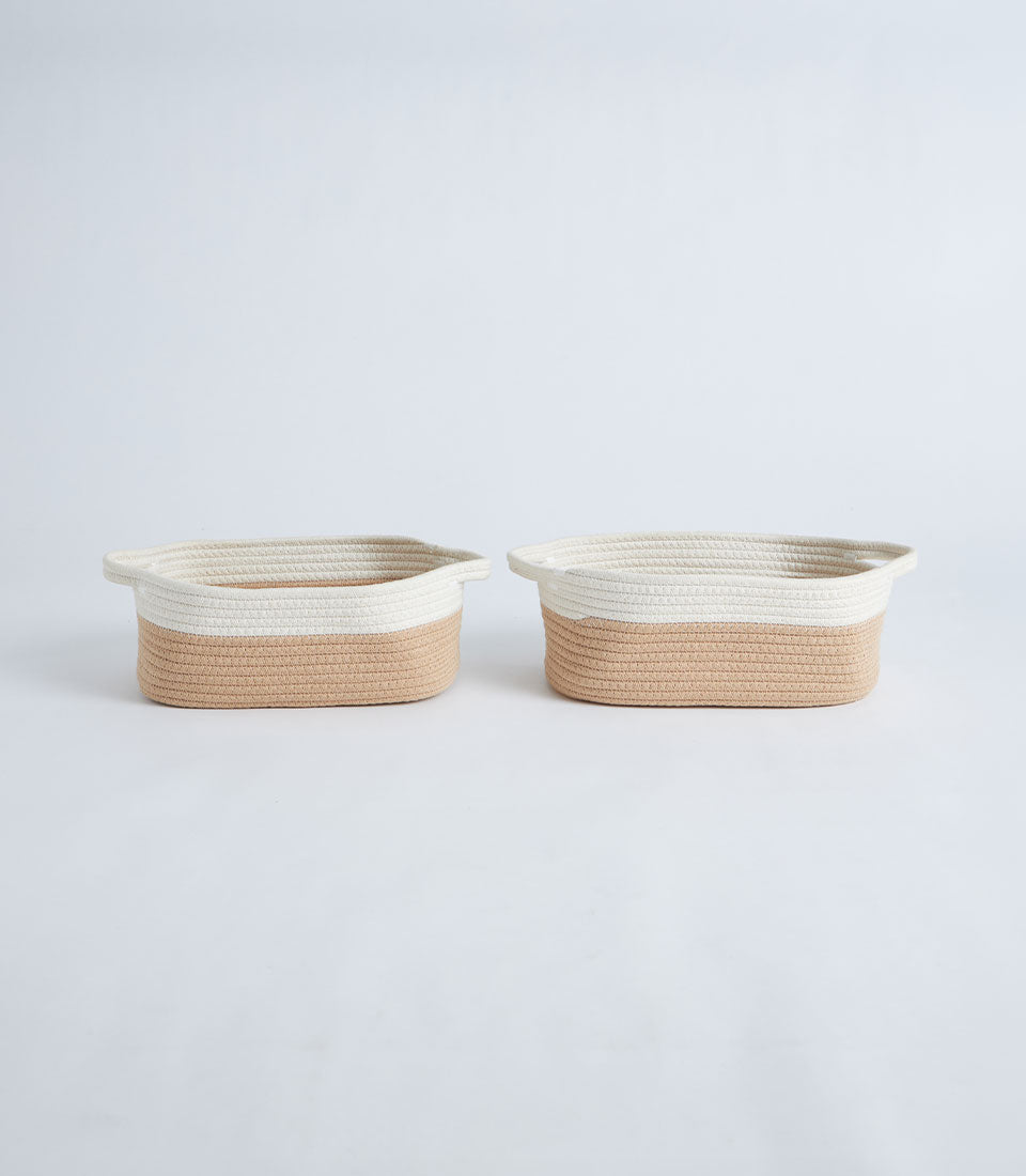 Beige and white woven rope storage baskets with lids, handcrafted two-tone design
