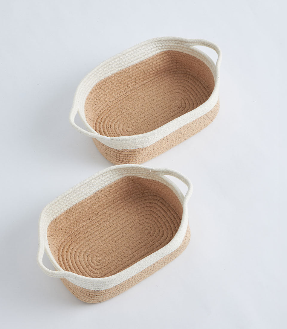 Beige and white coiled rope storage baskets with handles, set of two