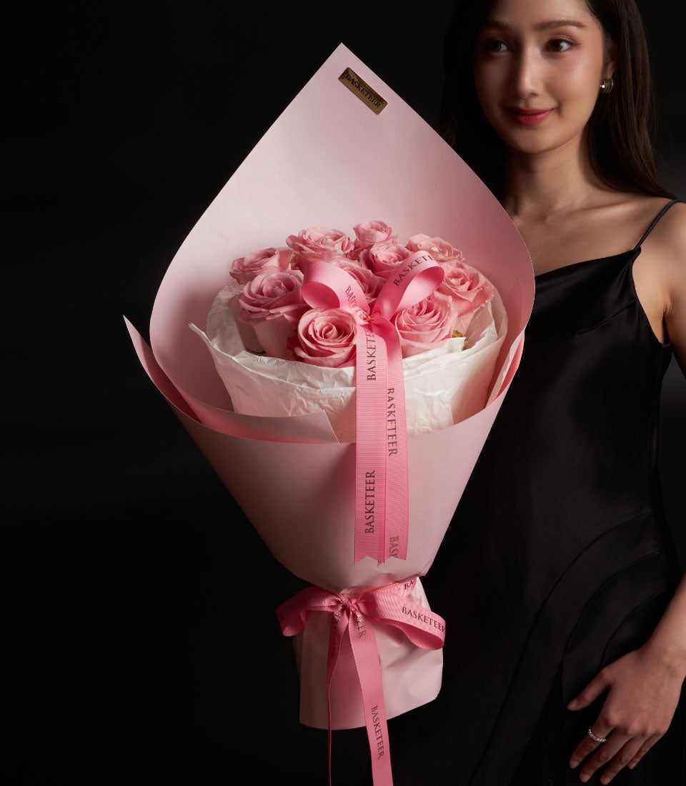 Premium Ecuador pink roses with pink wrap and Basketeer ribbon, Valentine's Day bouquet