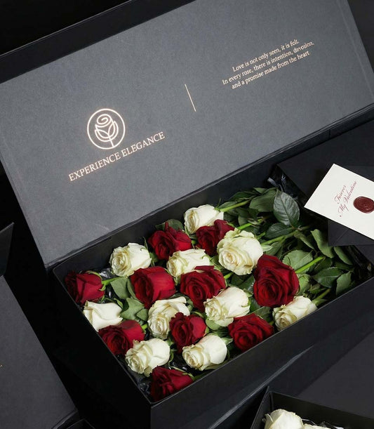 Red and white Ecuador roses luxury Valentine gift box with long-stemmed blooms and personalized card