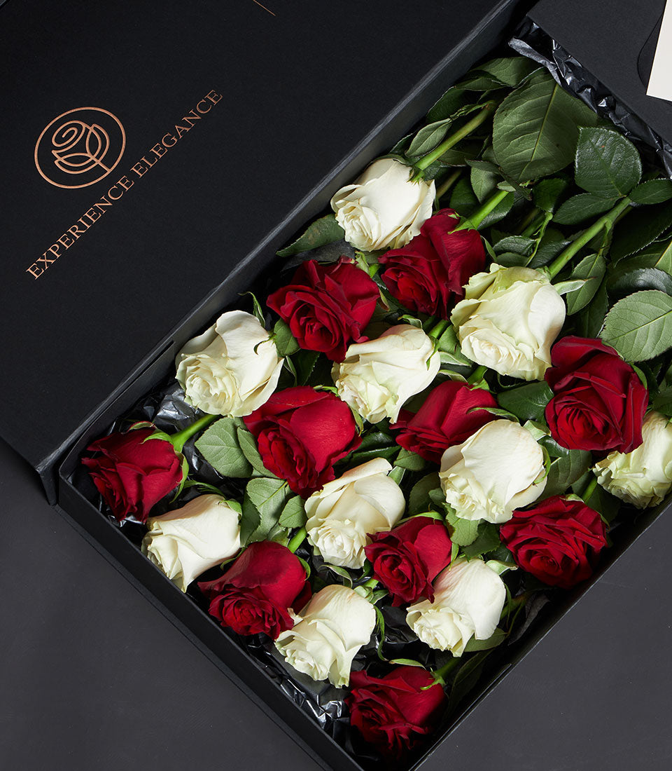 Elegant flower box from Flowers by Basketeer featuring red and white premium Ecuador roses. Perfect for same-day flower delivery in Bangkok, Thailand.
