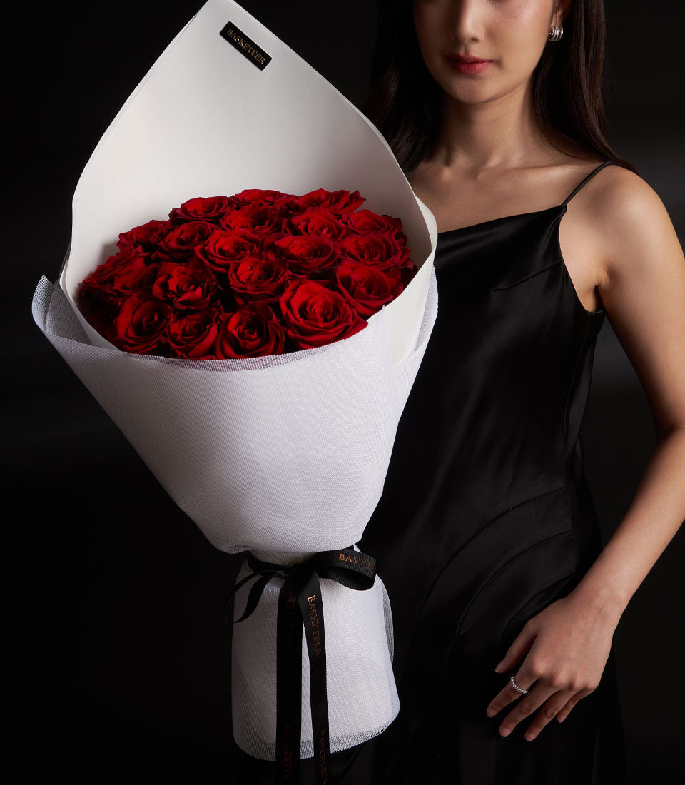 Red roses Ecuador bouquet with white wrapping and black ribbon, Valentine's Day gift