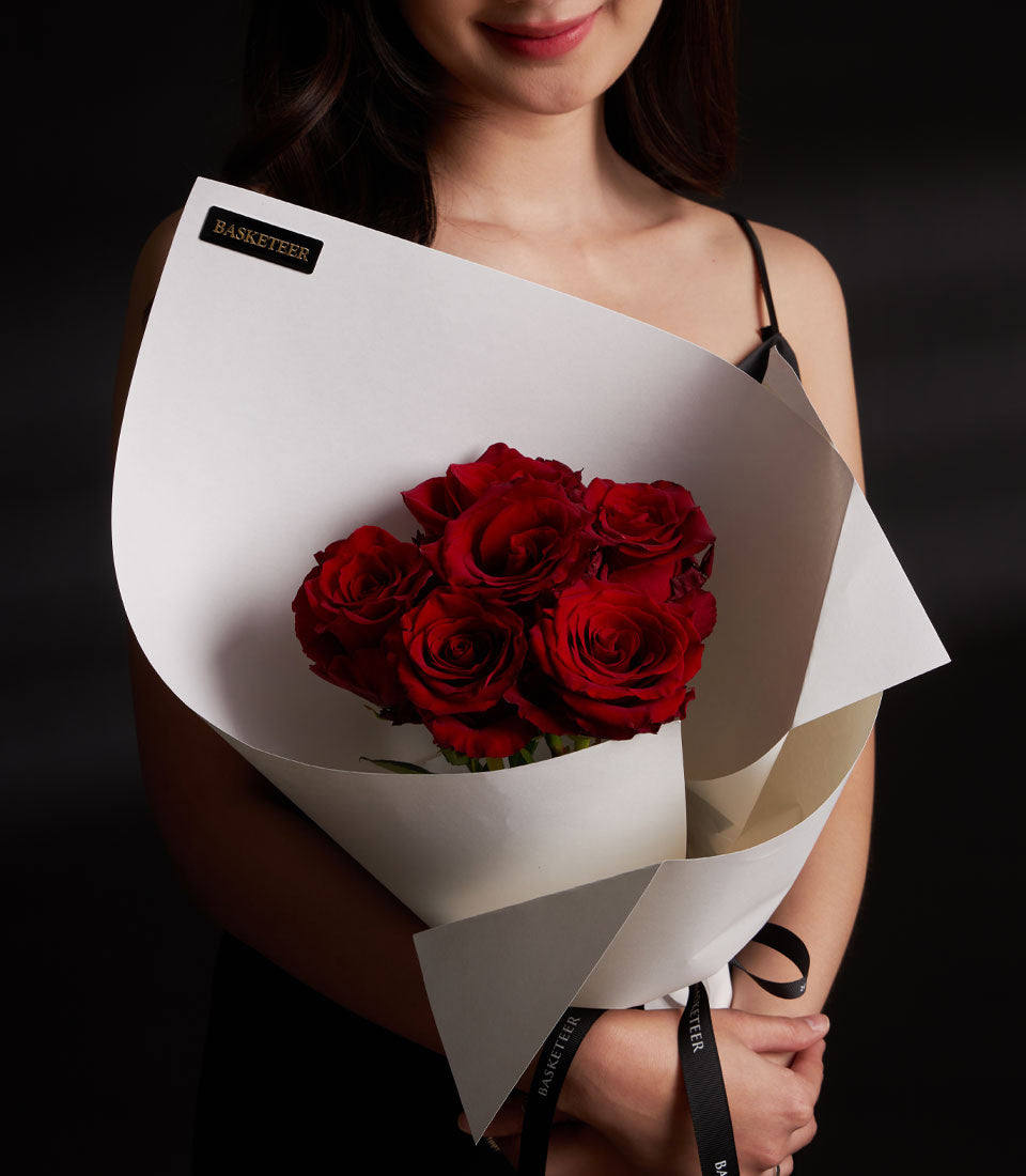 Premium Ecuador red roses in white paper wrap, Valentine's Day bouquet with black Basketeer ribbon