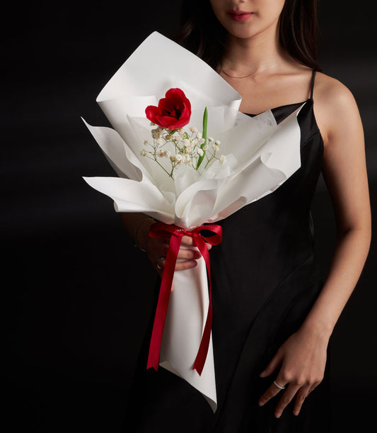Red tulip and gypsophila bouquet with satin ribbon, perfect Valentine's Day flower gift