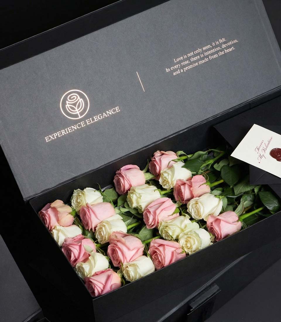 Pink and white Ecuador roses luxury Valentine gift box with personalized card and elegant black packaging