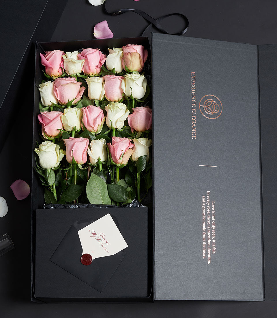 Pink and white Ecuador roses luxury Valentine gift box with greeting card