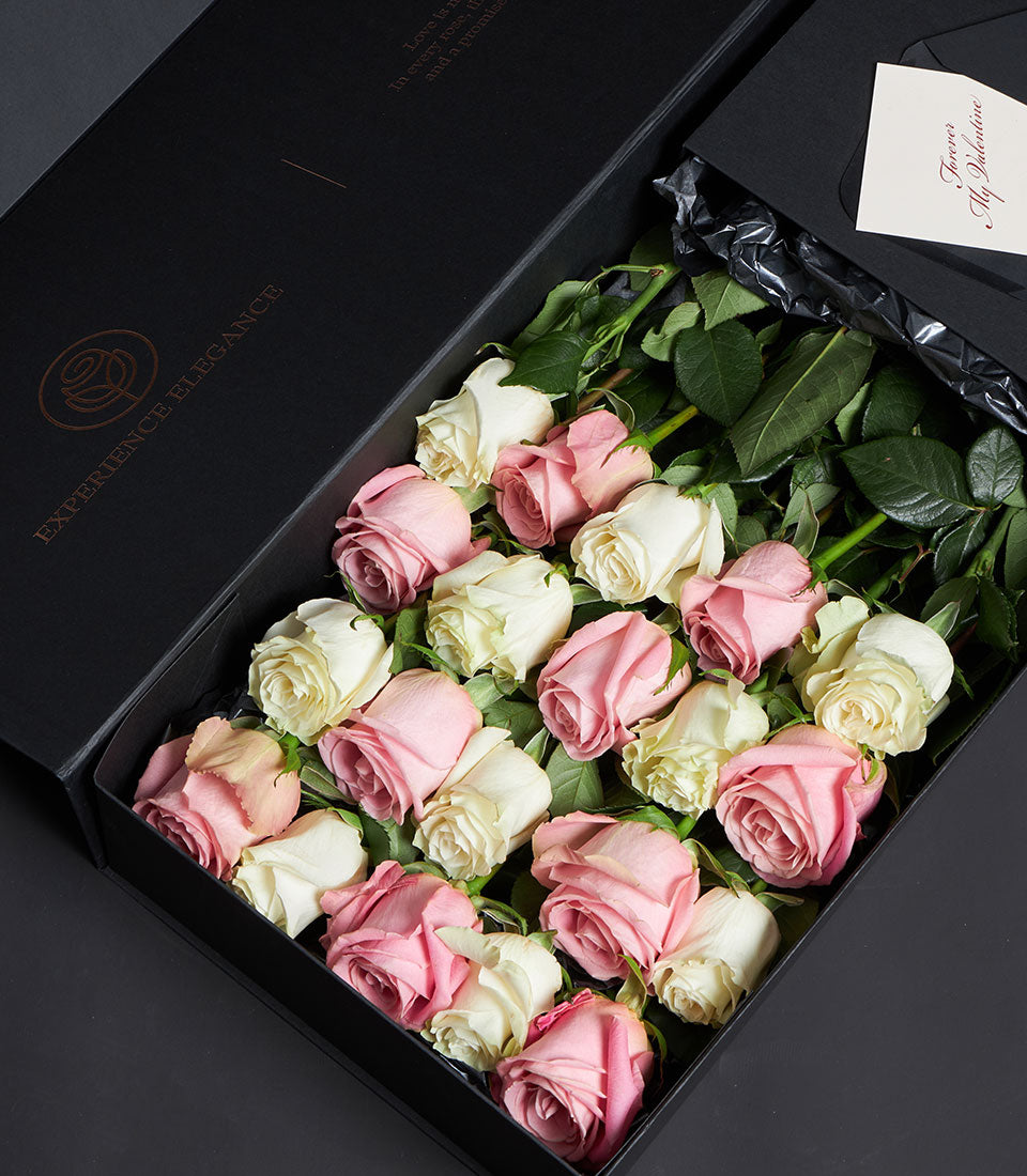 Pink and white Ecuador roses luxury Valentine gift box with two dozen fresh blooms and romantic greeting card