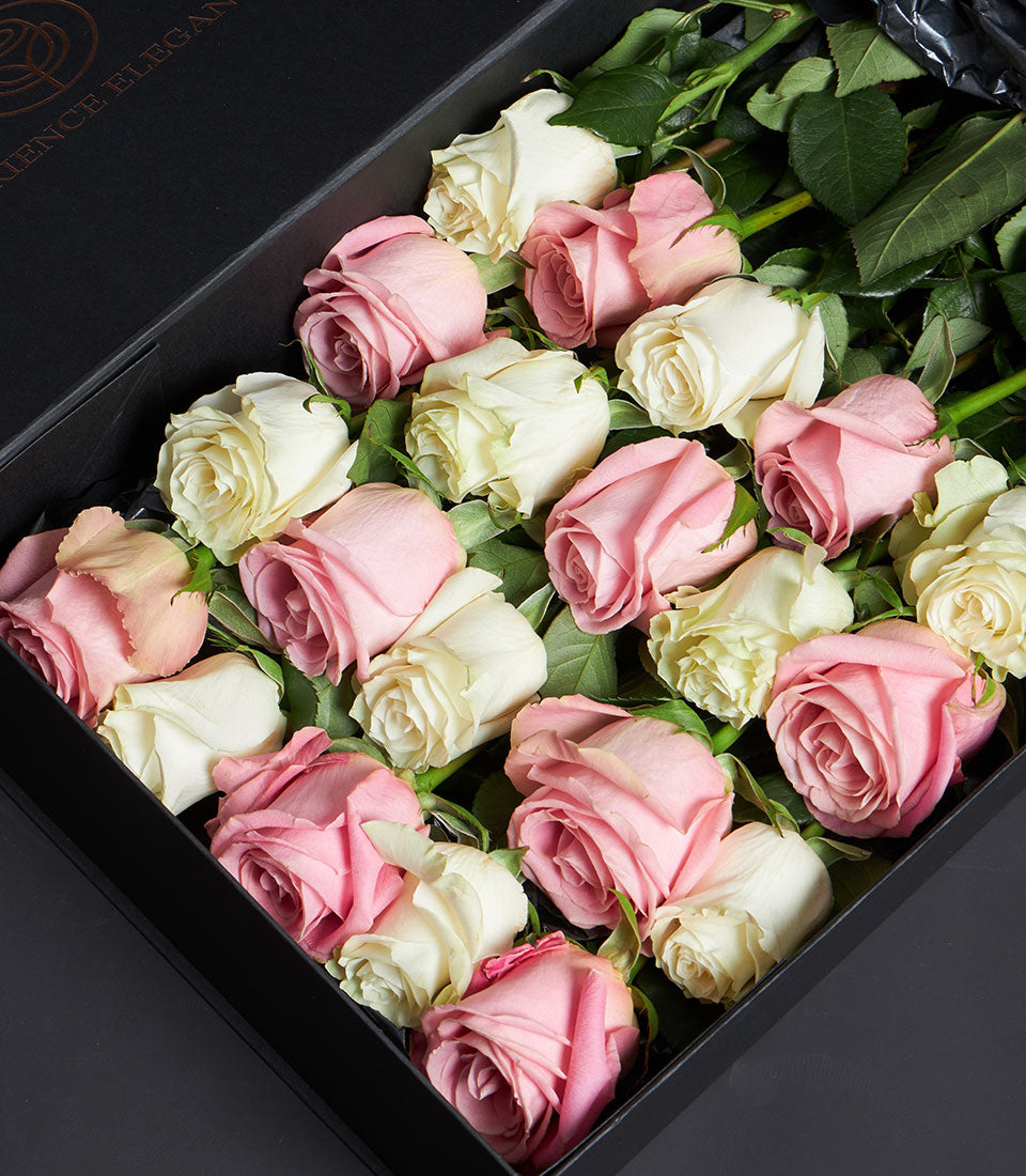 Pink and white Ecuador roses luxury Valentine gift box with 20+ blooms in elegant black presentation