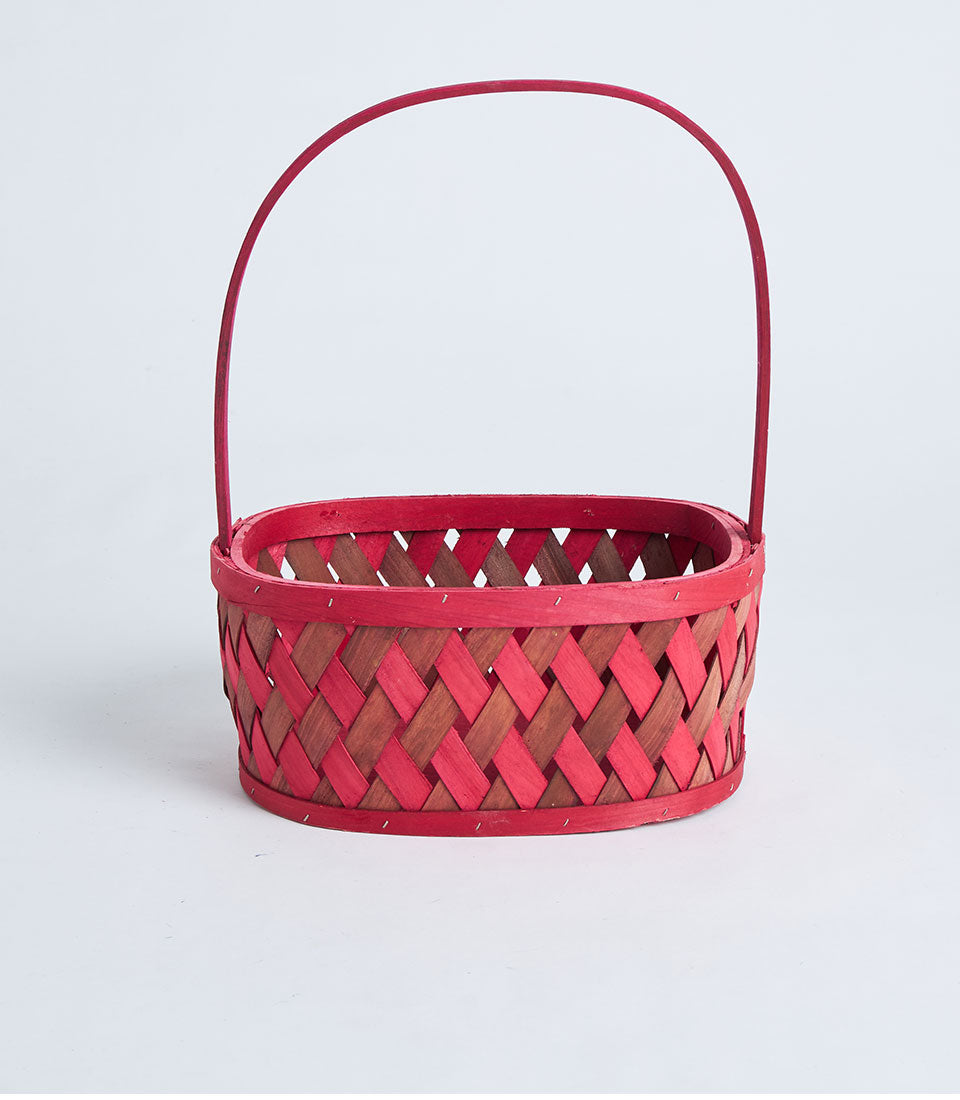 Red woven basket with wooden handle, diamond weave pattern, ideal for gourmet hampers and luxury gifts