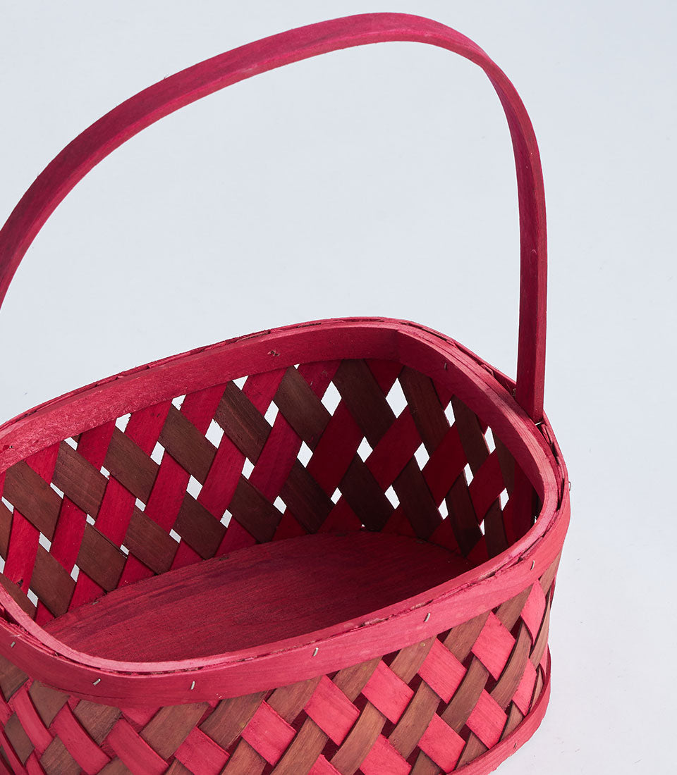 Red and brown woven wooden basket with handle, artisan craft gift container