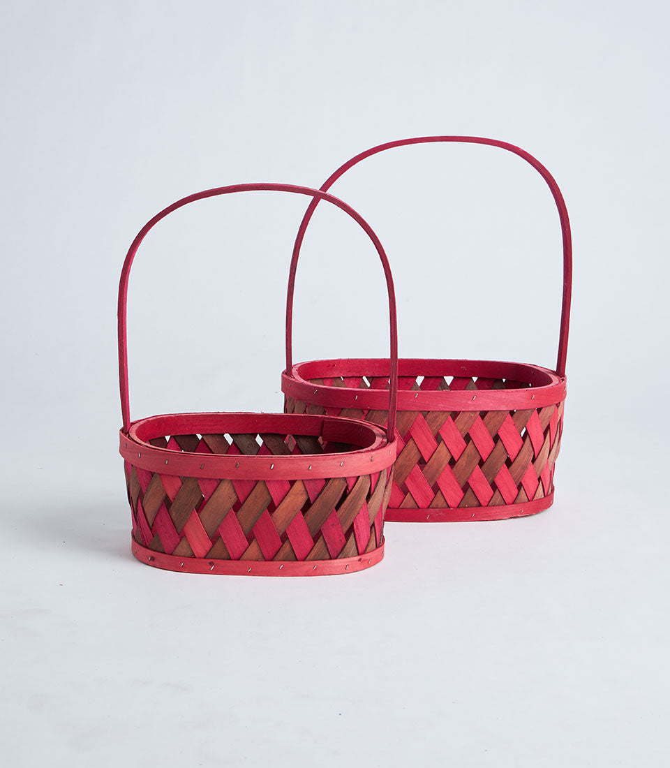 Red woven wooden basket with handle, natural and crimson checkered weave pattern, artisan Basketeer gift basket