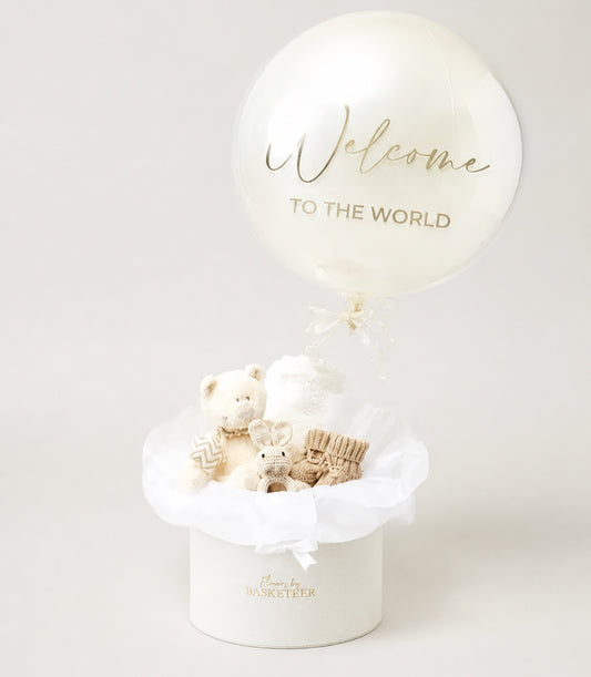 Basketeer luxury newborn gift box with plush teddy bear, rabbit