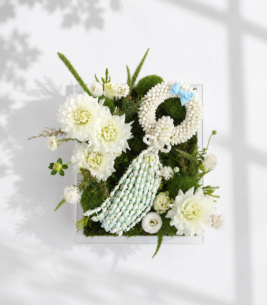 Basketeer luxury gift box with fresh white dahlias, lush green moss