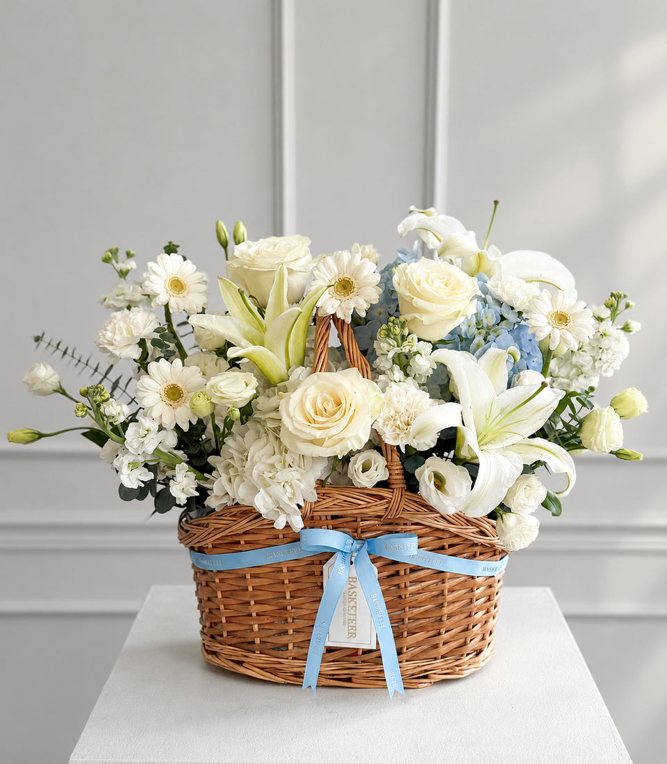 Basketeer luxury flower gift basket with white roses, lilies, hydrange