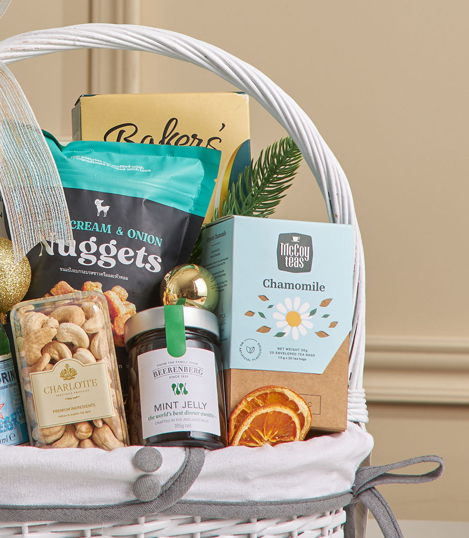 Premium espresso, cashew and gourmet snack gift hamper with tea and preserves in white woven basket