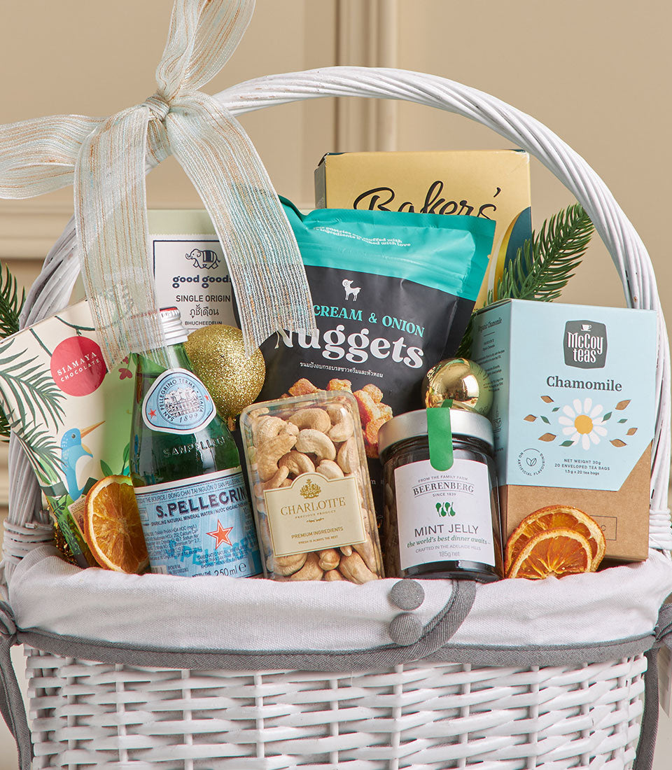 Gourmet espresso, cashews & sparkling snack hamper with ribbon bow in white wicker basket for New Year gifting
