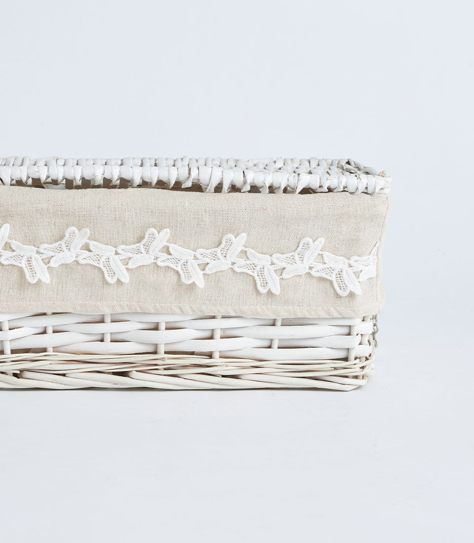 Basketeer's elegant white wicker basket with lid, featuring