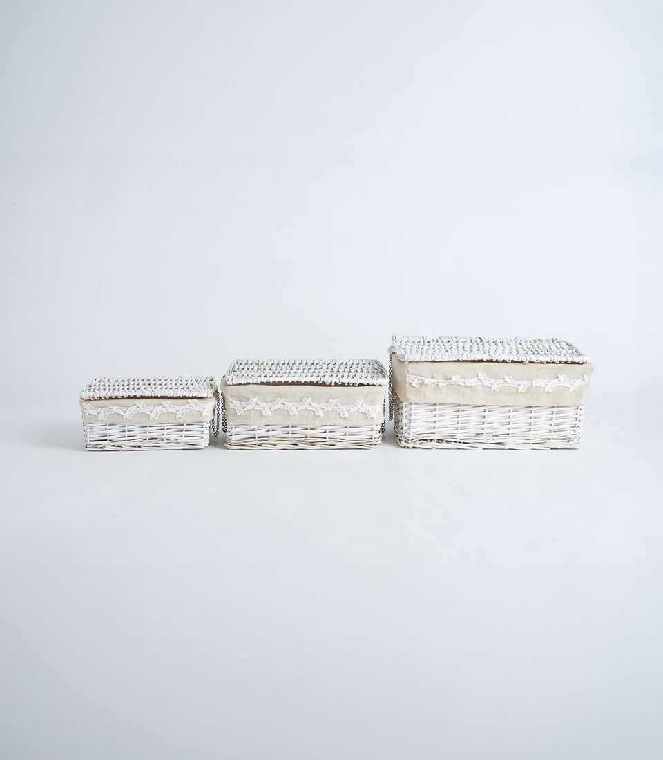 Basketeer offers a set of three luxurious white wicker storage baskets