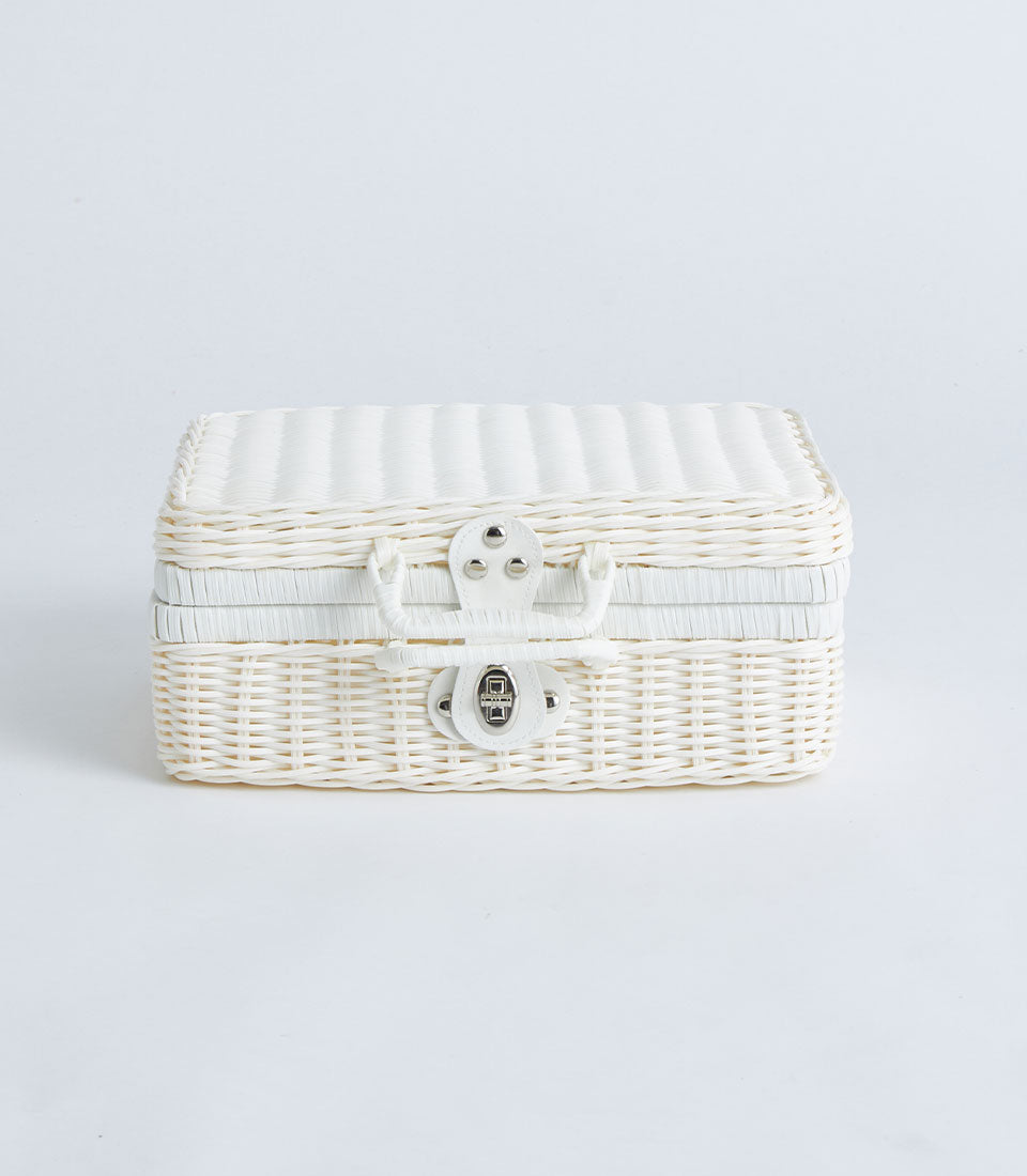 White wicker suitcase basket with silver clasp and faux leather strap, luxury gift hamper