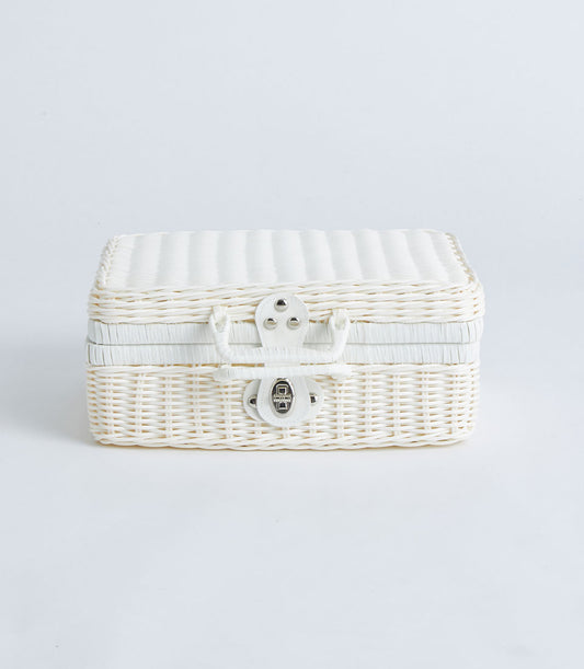 White wicker suitcase basket with silver clasp and faux leather strap, luxury gift hamper