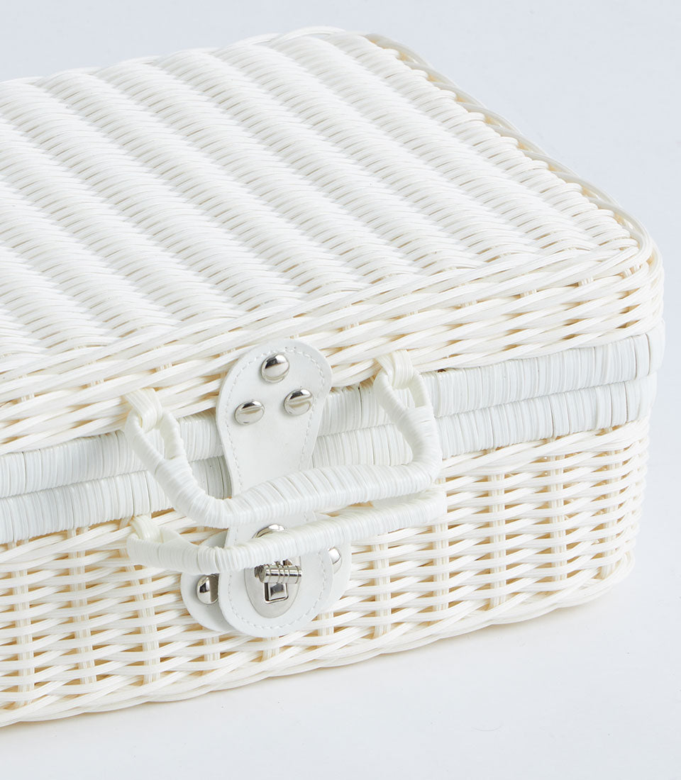 White wicker suitcase basket with faux leather handle and silver clasp
