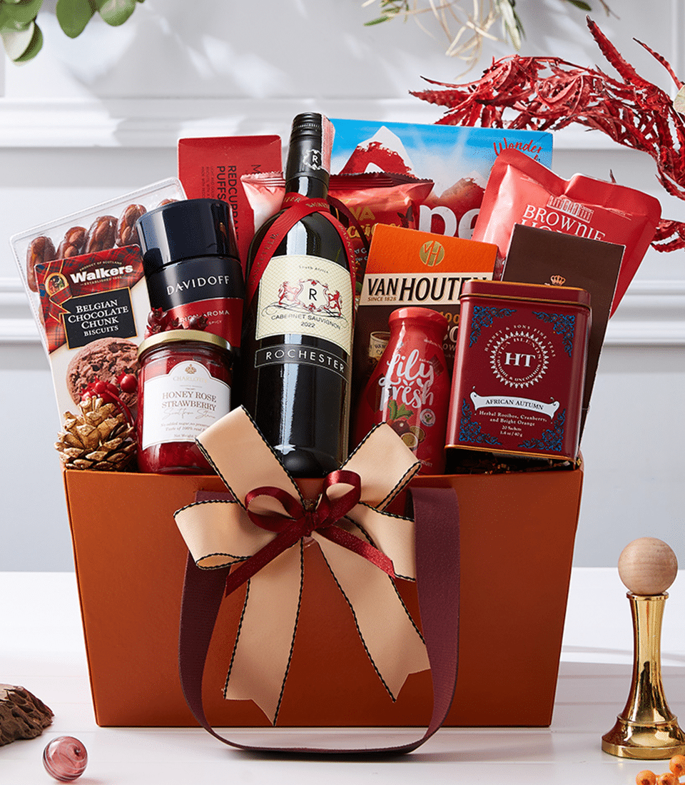 Premium wine gift hamper with Rochester Shiraz, gourmet jam, tea, and artisan snacks in luxury gift box