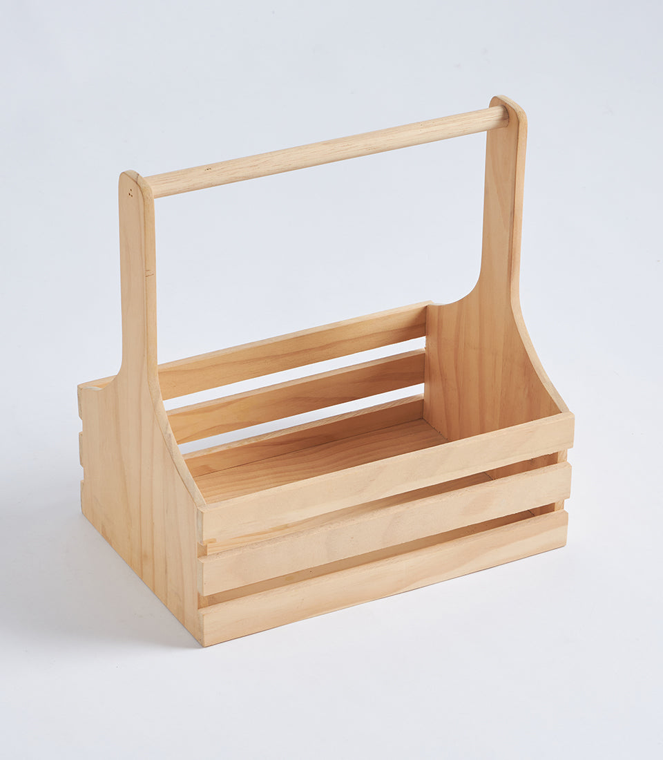 Natural Wood Slatted Hamper Basket with Handle