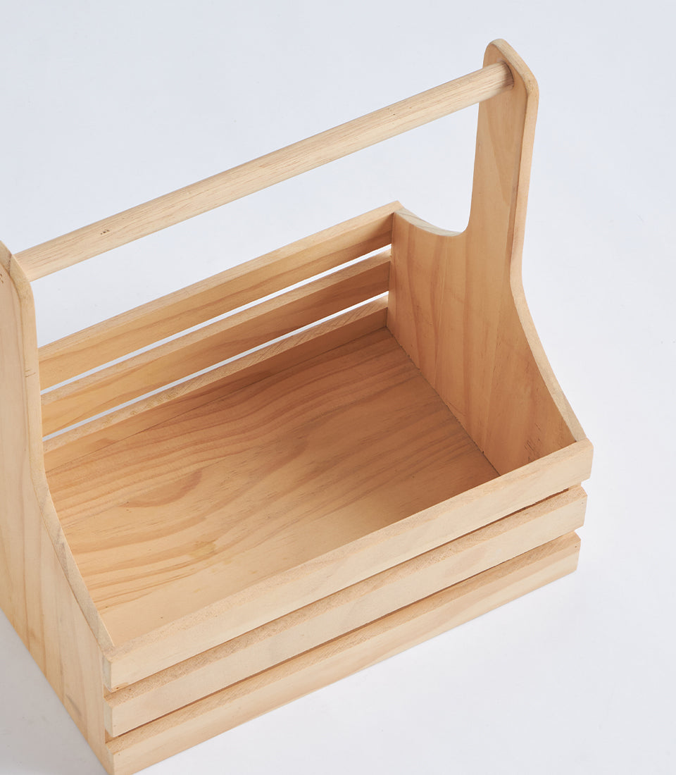 Natural Wood Slatted Hamper Basket with Handle