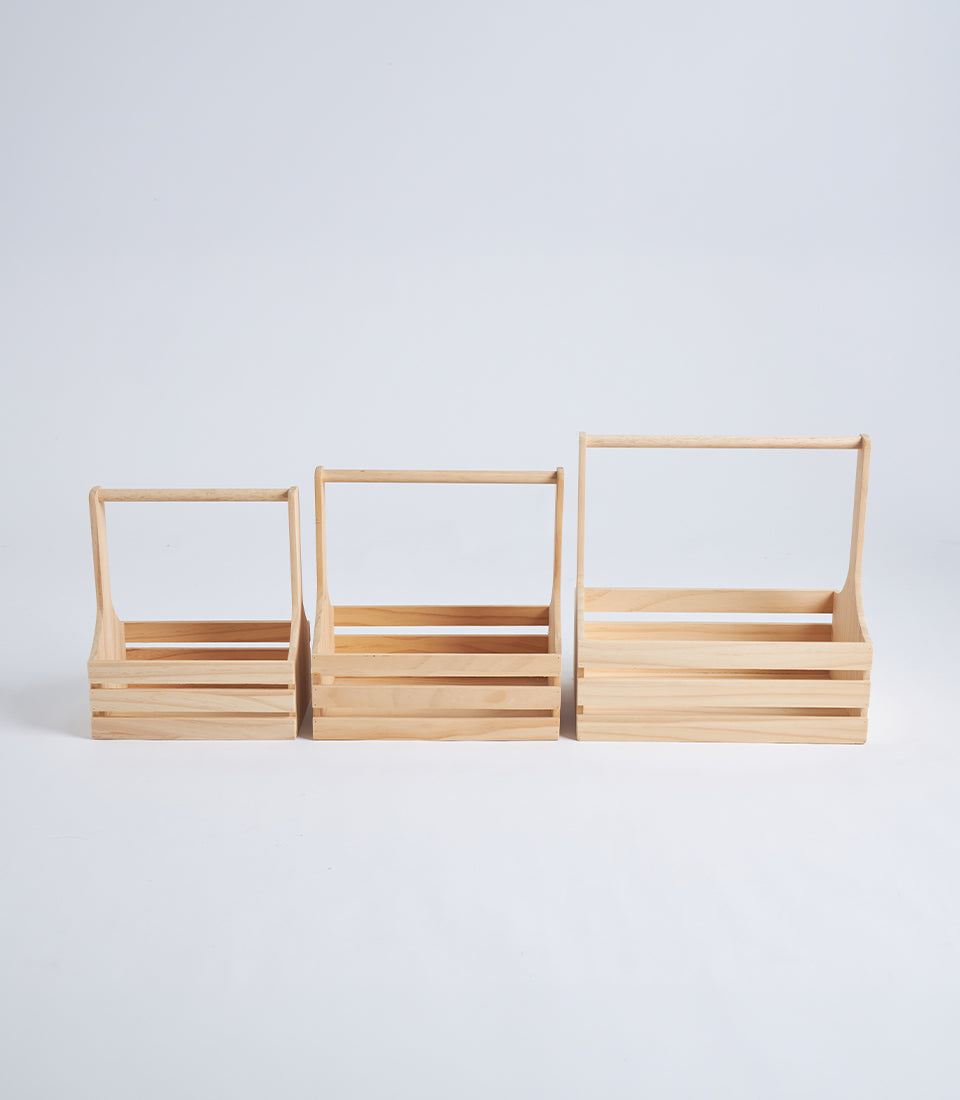 Natural Wood Slatted Hamper Basket with Handle