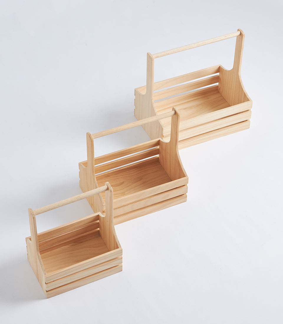Natural Wood Slatted Hamper Basket with Handle