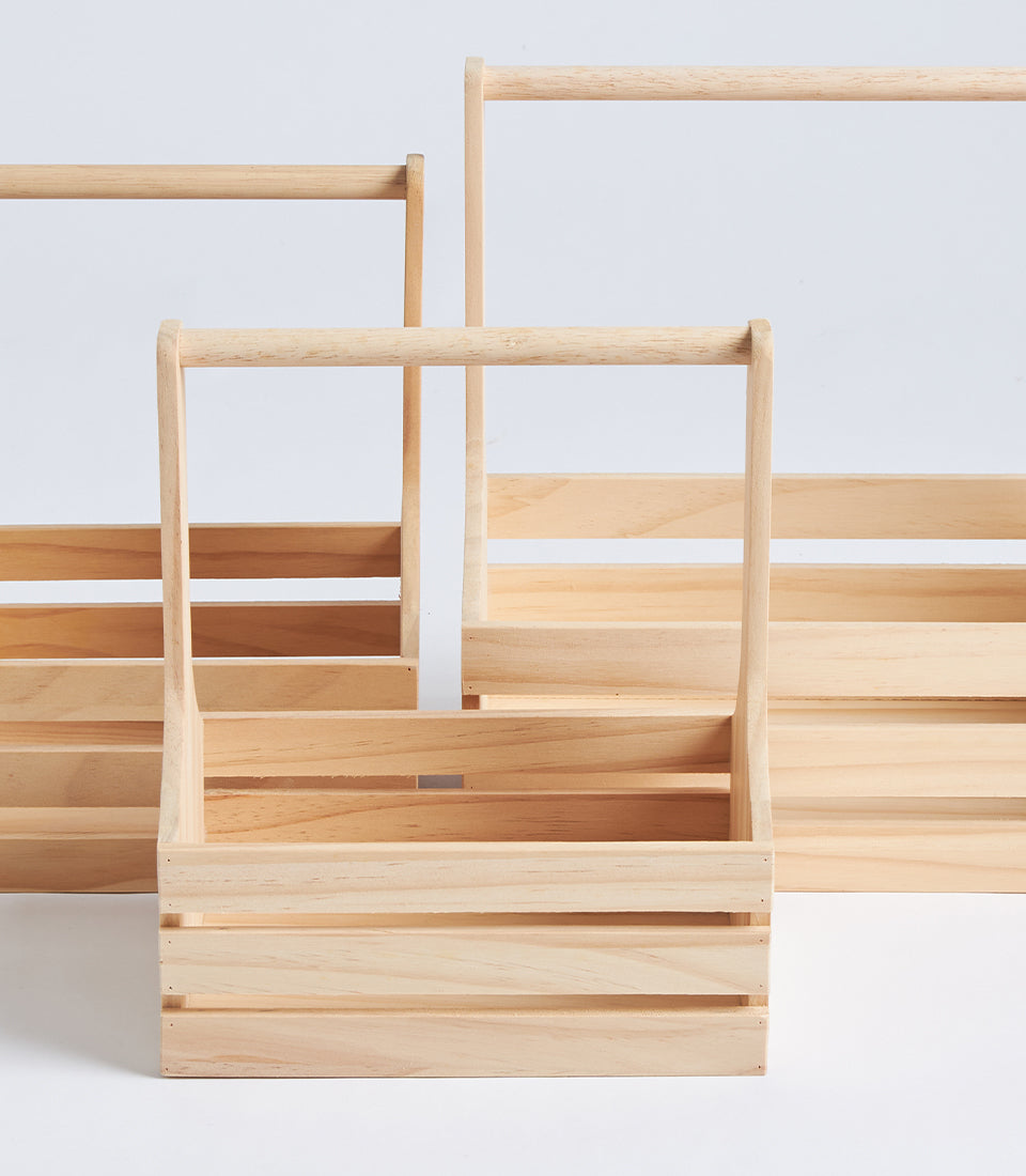 Natural Wood Slatted Hamper Basket with Handle