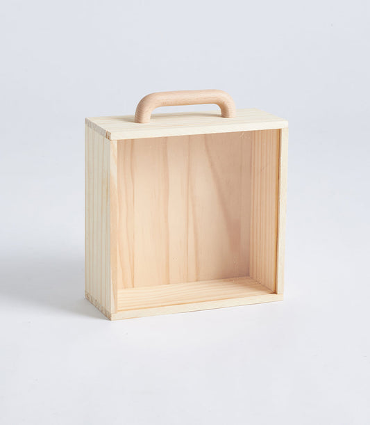 Basketeer's premium natural wood gift box with a curved handle