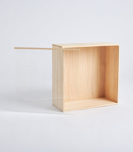 Basketeer's premium natural wood gift box with a clear