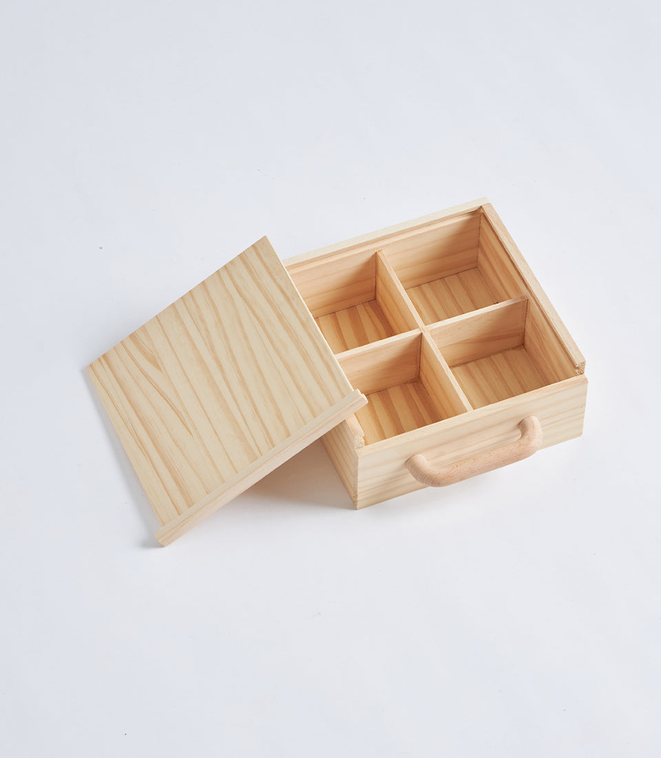 Light Natural Wood Compartment Gift Box with Handle