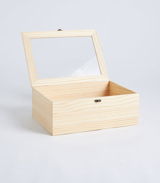 Basketeer's premium natural wood gift box with clear acrylic lid, perfect