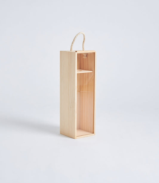 Basketeer's premium wooden gift box with a clear front panel and rope