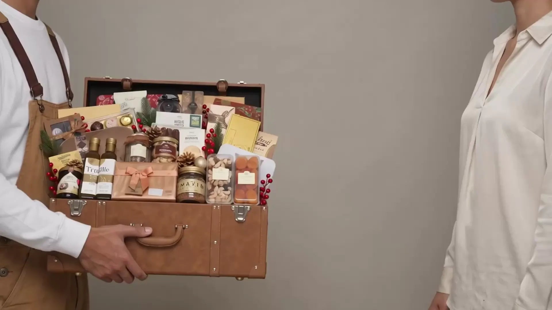 A Basketeer delivery driver hands over a gift that transforms from a hamper into a bouquet into a cake