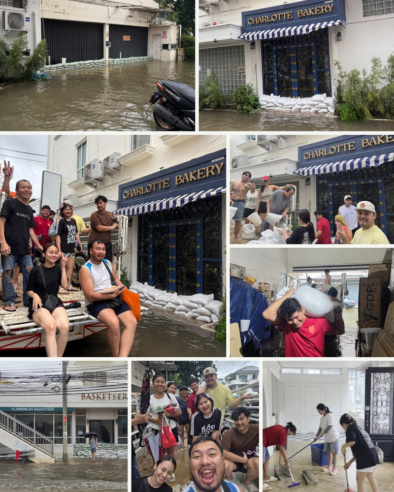 Our team sandbagging and cleaning the Basketeer office and Charlotte Bakery during the Bangkok floods